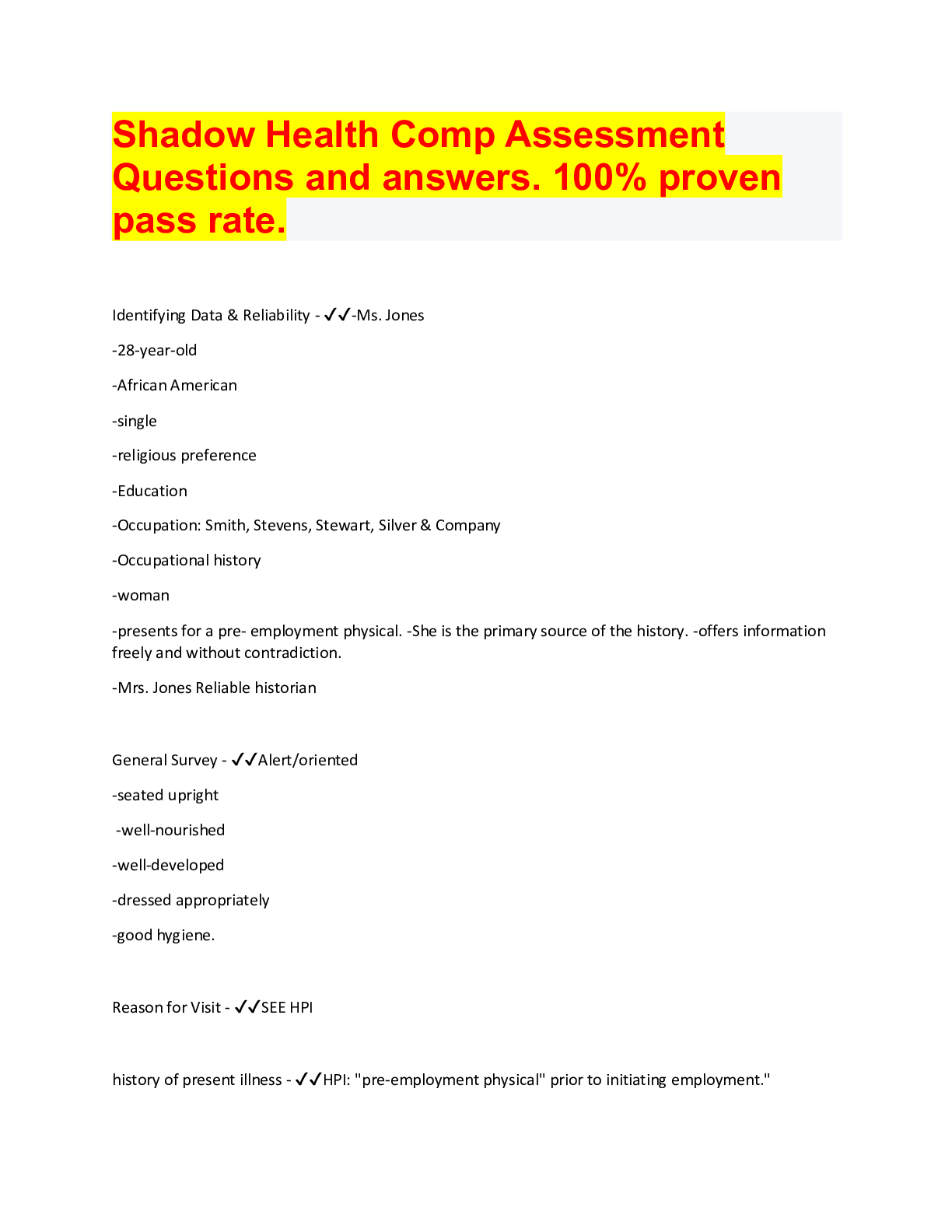 Preview image for Shadow Health Comp Assessment Questions and answers. 100% proven pass rate.